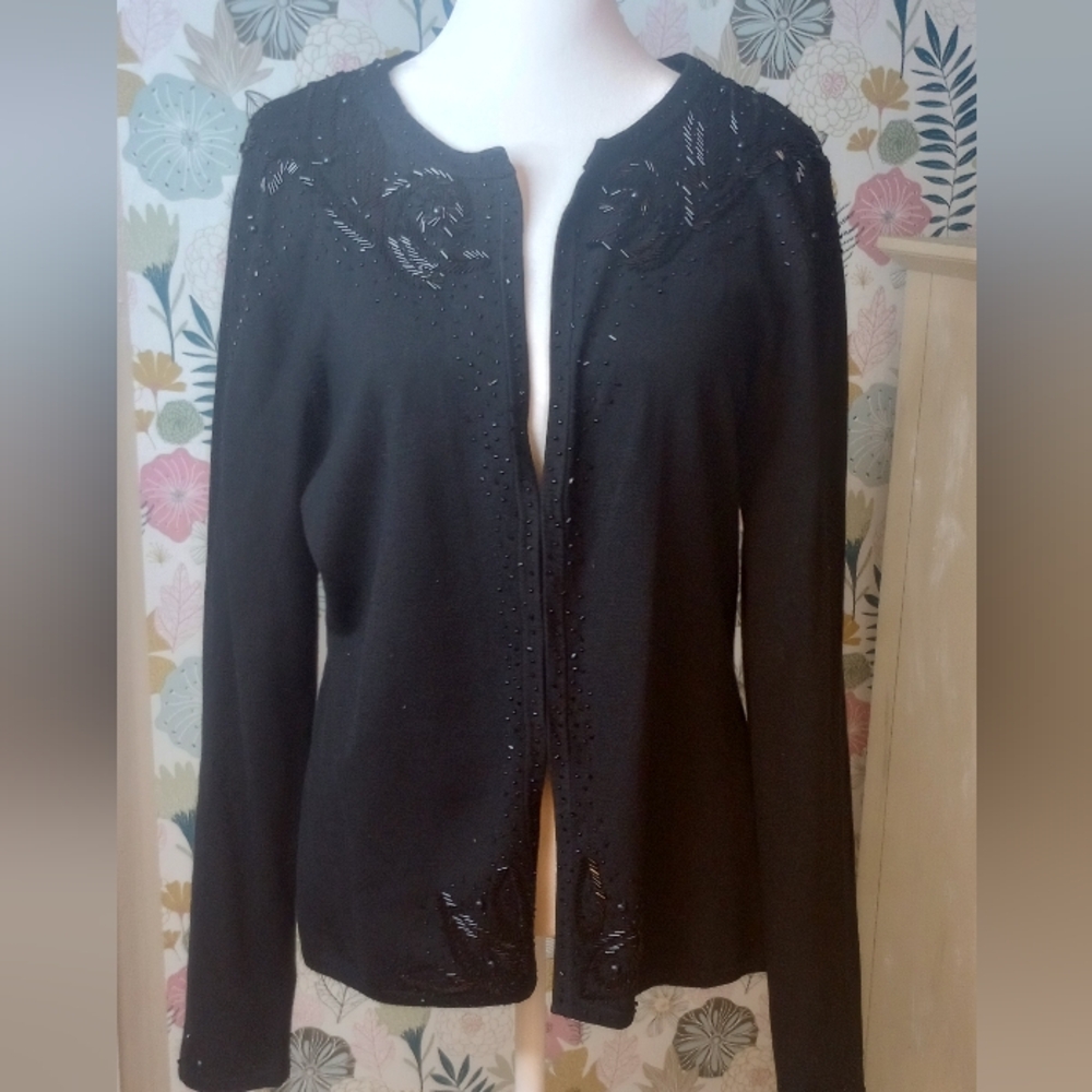 Reba silk beaded Embellished black Open Front cardigan SizeL